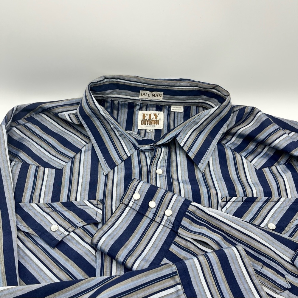 Vintage Ely Cattleman Pearl Snap Shirt 3XLT 3XL Tall Blue Striped Western Wear